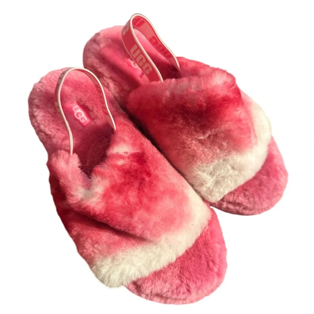 UGG Kids Pink White Tie‎ Dye Fluffy Furry Slides Slippers Sandals Size 4